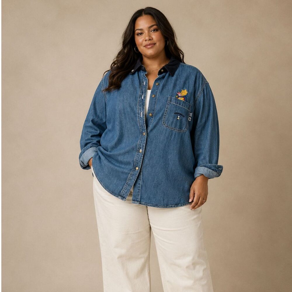 Disney Vintage Winnie the Pooh Denim and Corduroy Button Up Plus Sie 22/24 - Picture 1 of 15